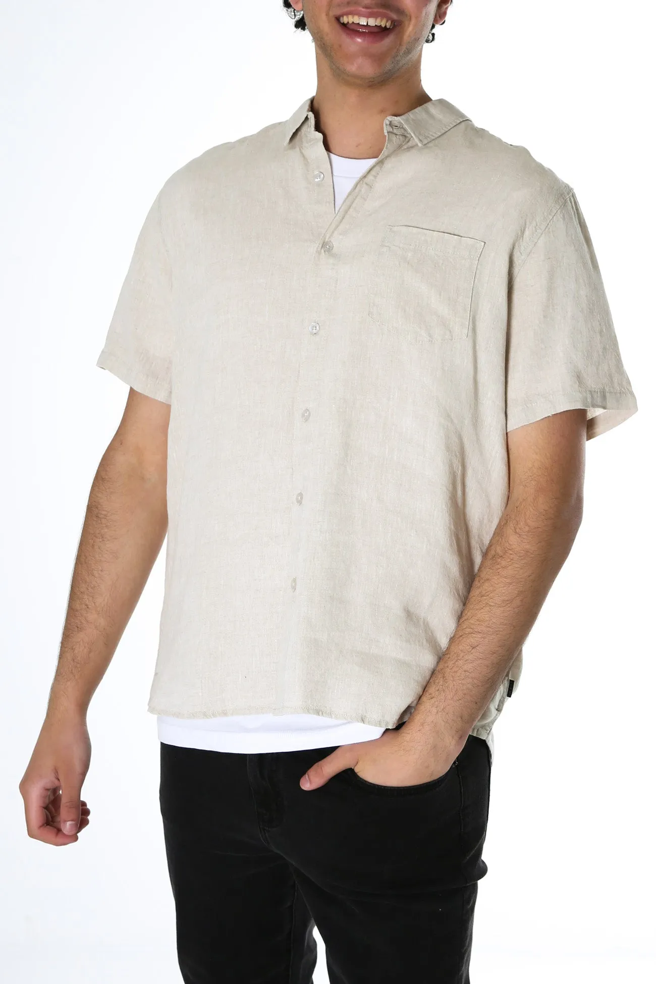 Odor Resistant Technology Flexible Ribbing Linen Short Sleeve Shirt Natural