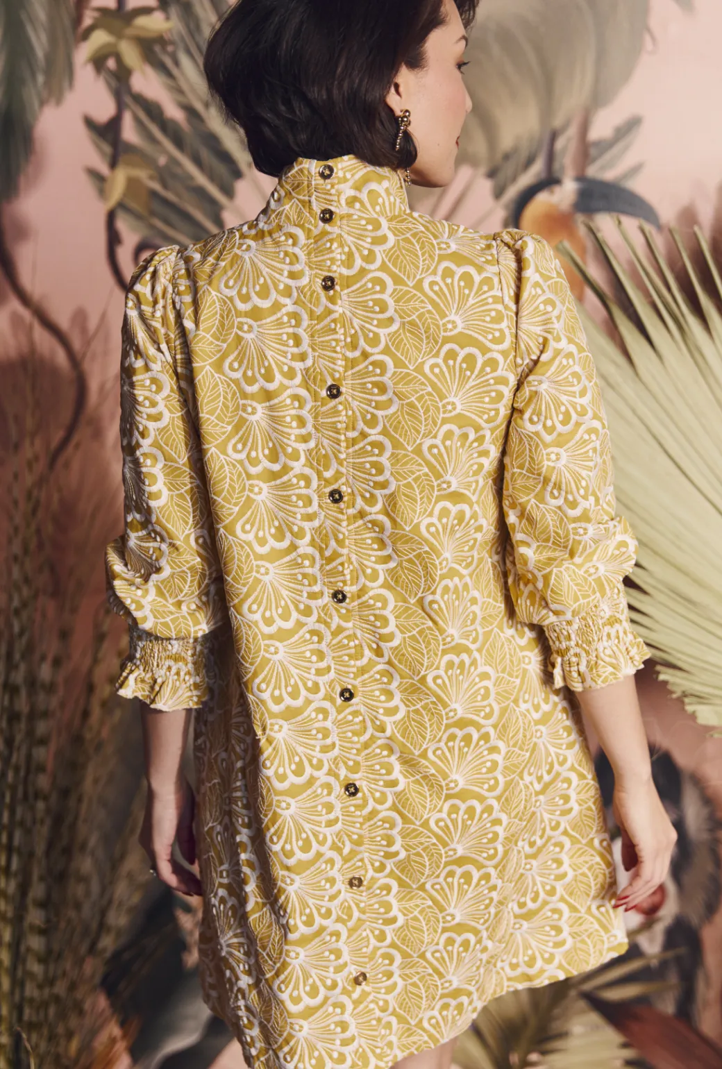 Feminine Style Light Layers Long Sleeve Mod Dress - Marigold Embroidery