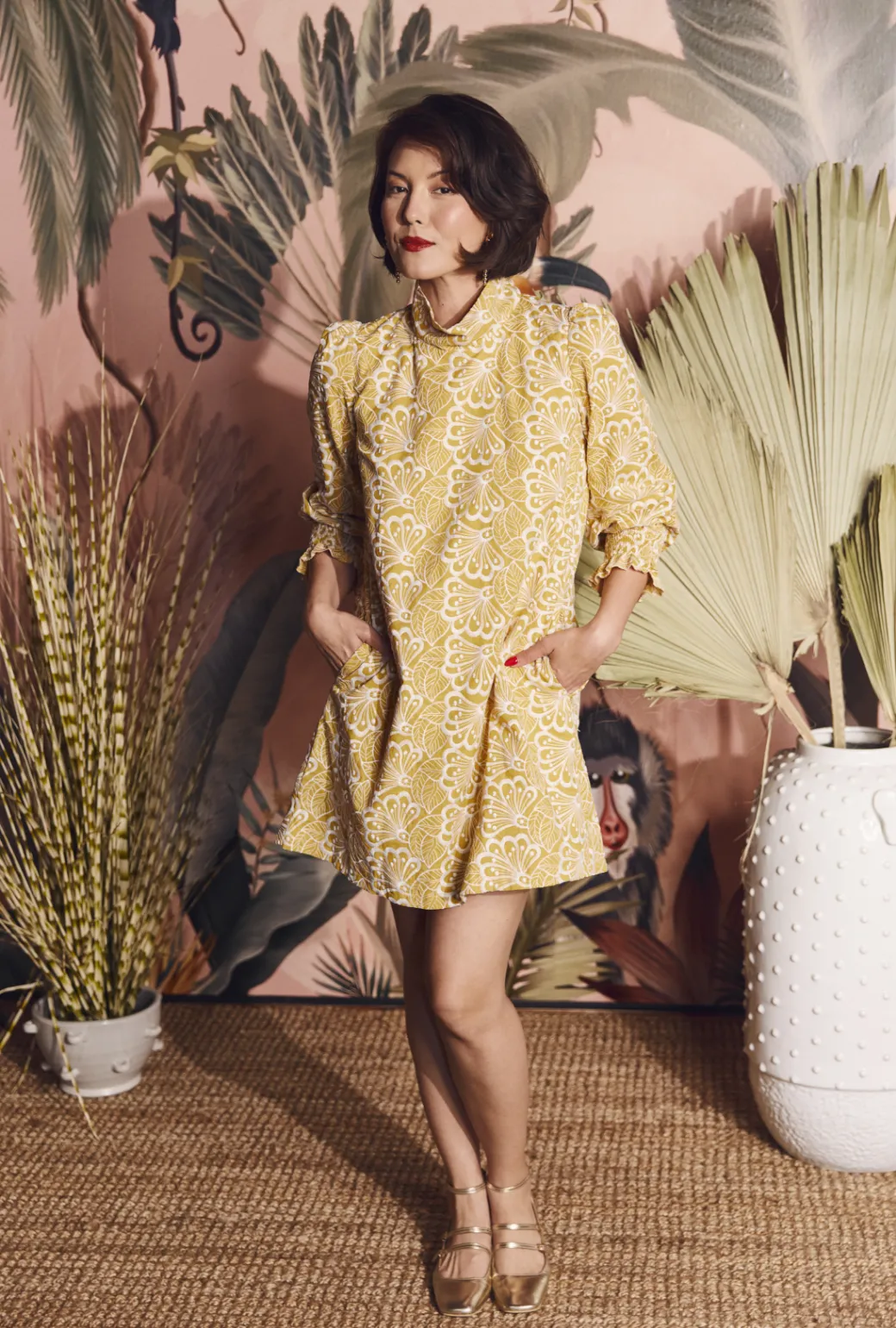 Applique-Detail Long Sleeve Mod Dress - Marigold Embroidery