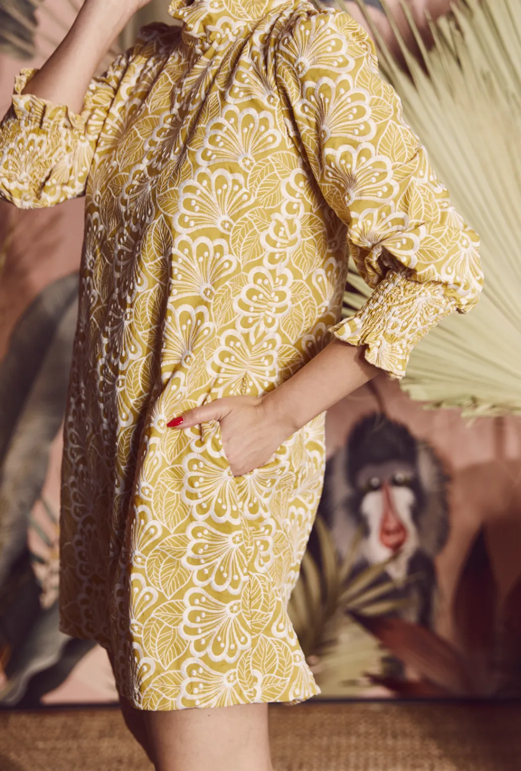 Work Friendly Vibrant pattern Long Sleeve Mod Dress - Marigold Embroidery