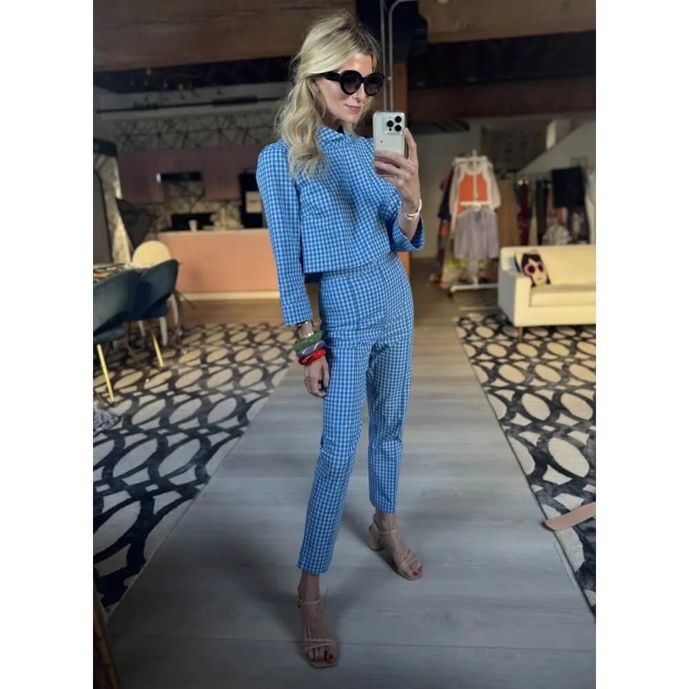 Weighted Hem Design Long Sleeve Twiggy Top - Blue Gingham