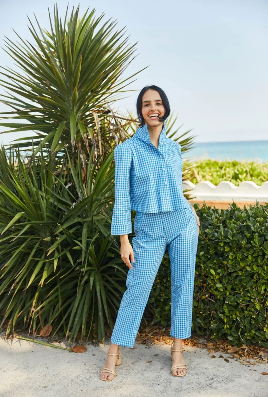Noise Reduced Zipper Breathable Underarm Gussets Long Sleeve Twiggy Top - Blue Gingham