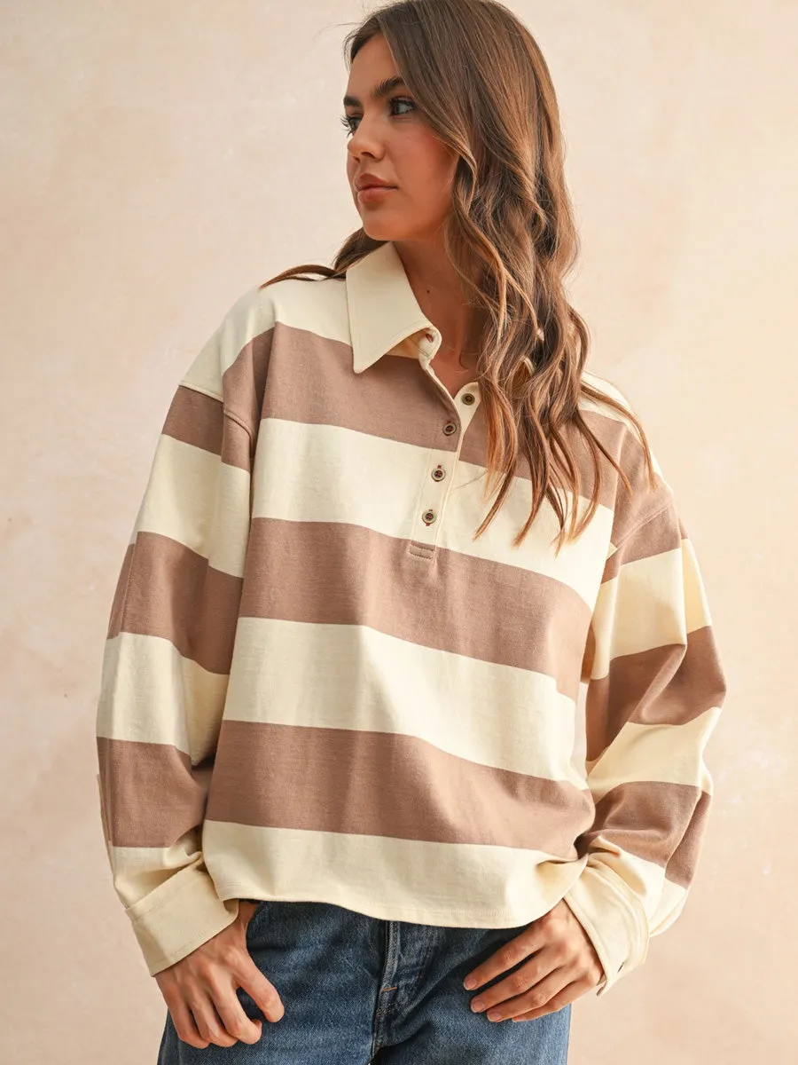LONG SLEEVE WIDE PANEL KNITTED SHIRT - MOCHA BEIGE CompactSize Chic Look