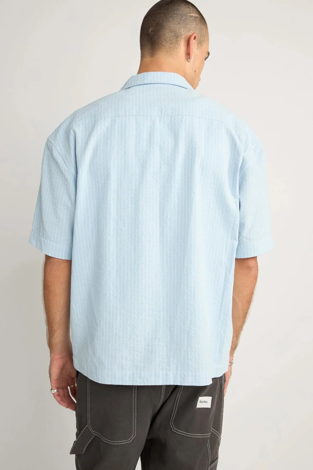 Stylish Tank MultiPanel Design Relaxed Check Short Sleeve Shirt Blue