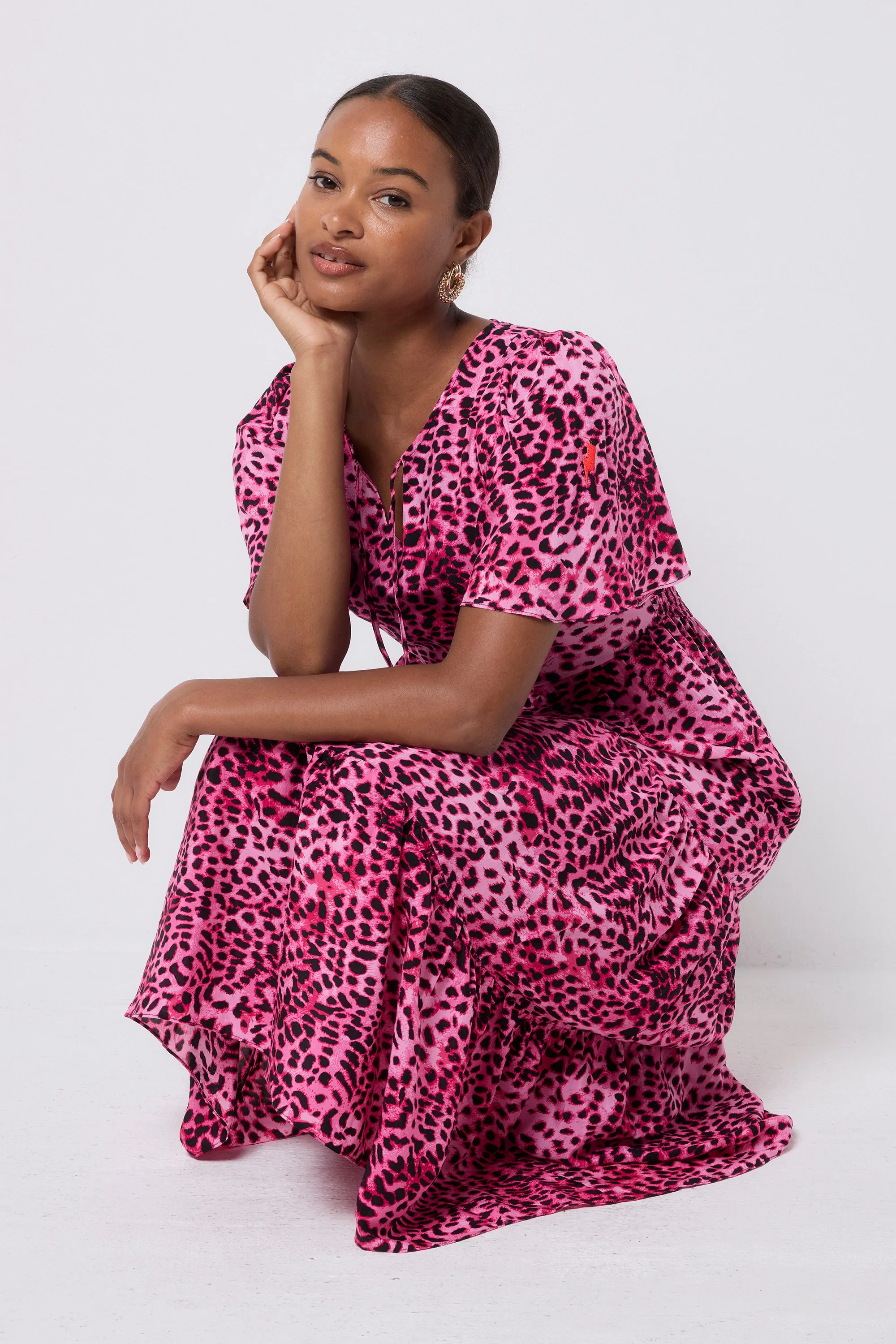 Smart Wear Bright Pink with Black Cheetah Tie Front Maxi Dress