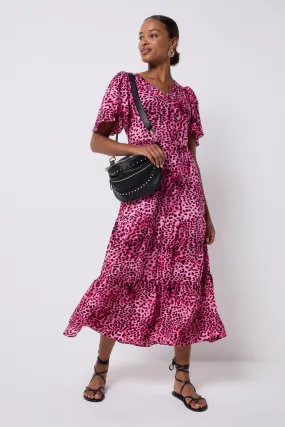 Bright Pink with Black Cheetah Tie Front Maxi Dress Semi Fit