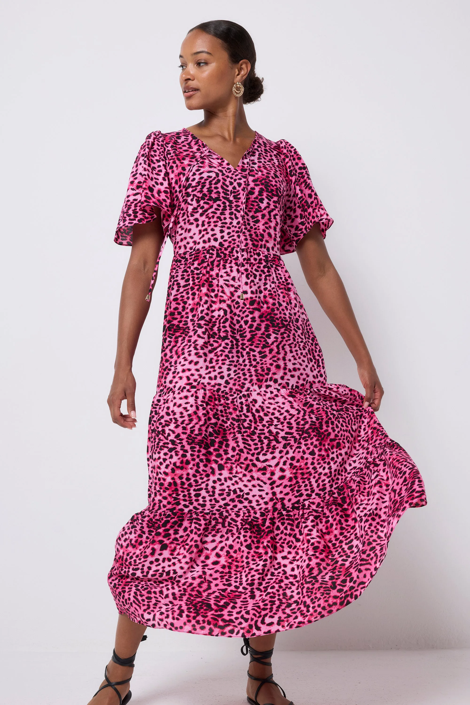 Elegant Layering Bright Pink with Black Cheetah Tie Front Maxi Dress