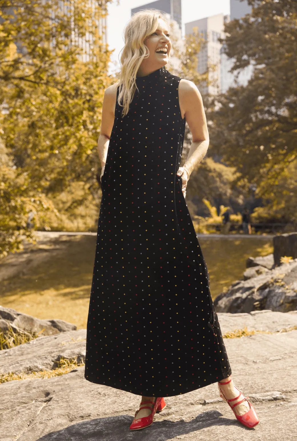 Maxi Mod Dress - Embroidered Dot Black Velvet Understated Elegance