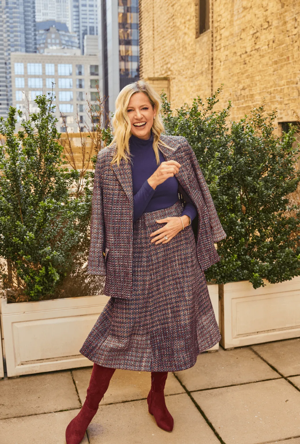 Double Layered Hem Midi Guest Skirt - Cranberry Tweed