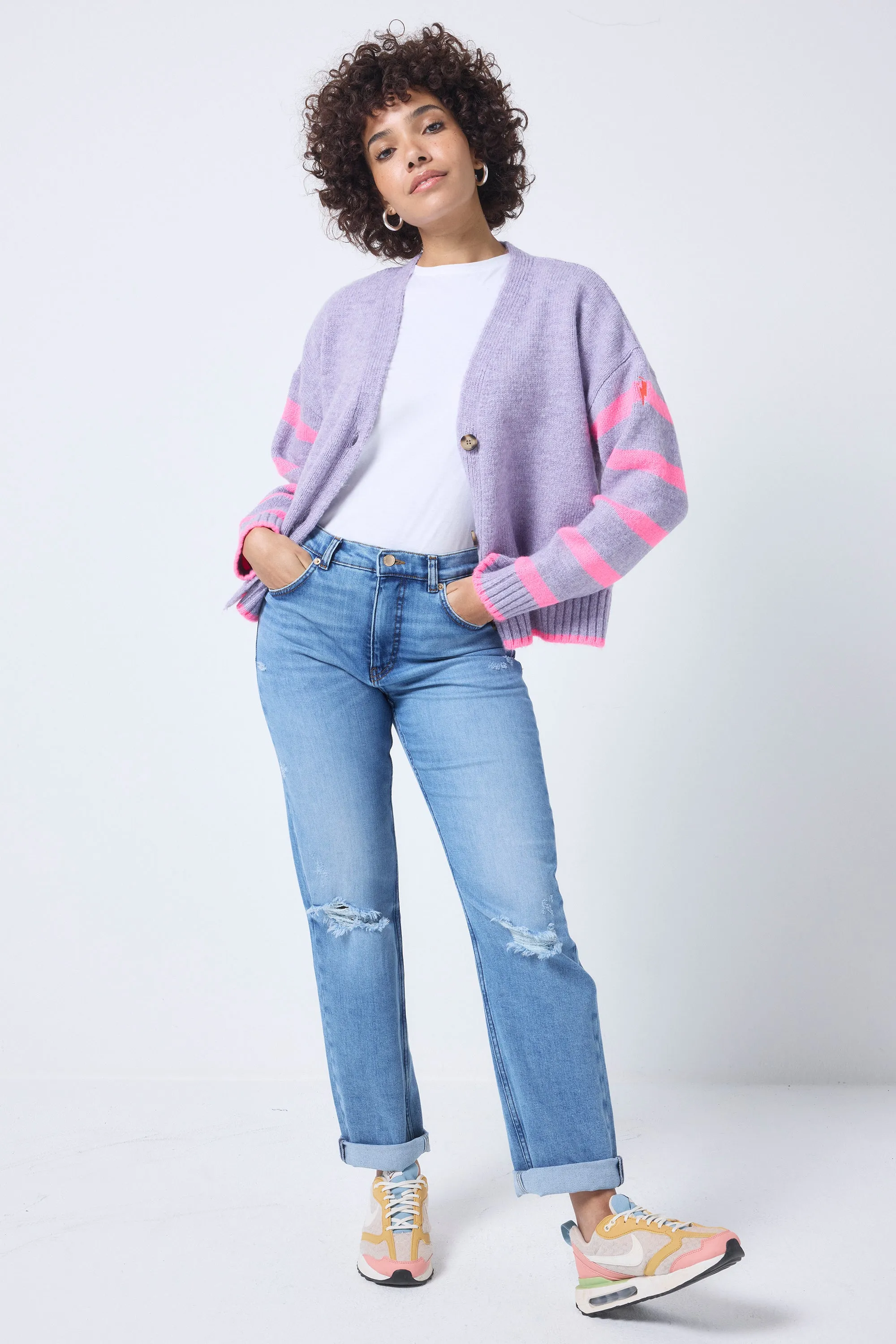 Lilac and Neon Pink Stripe Cardigan EcoFriendly Dyeing Seamless Stitch Construction