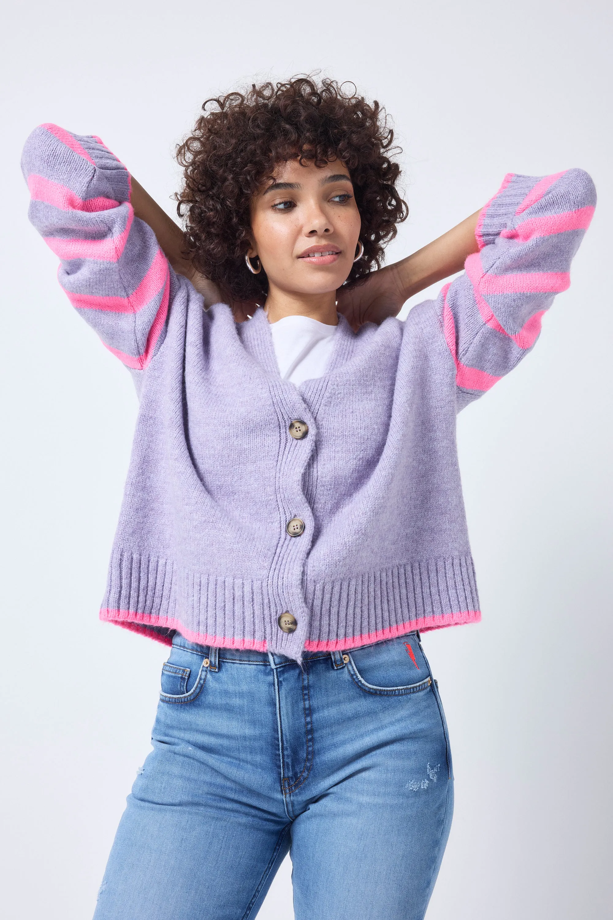 Reinforced Neckline Stitching Lilac and Neon Pink Stripe Cardigan