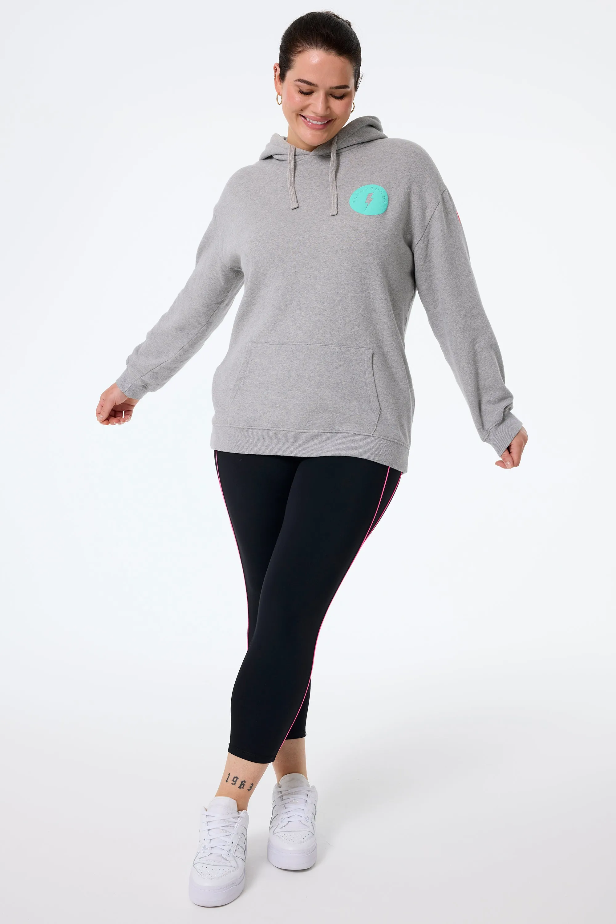 Grey Marl with Turquoise Smiley Face Longline Hoodie restaurant dining