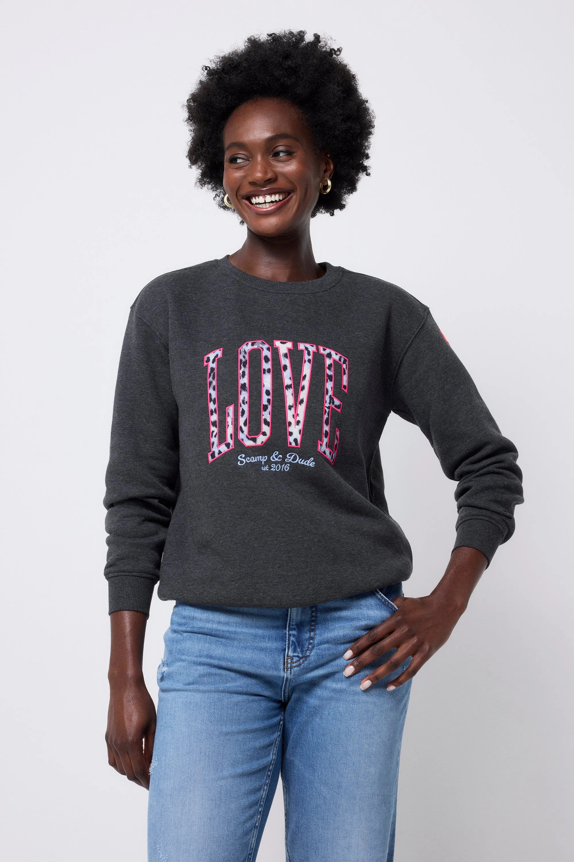 Dark Grey Love Cheetah Oversized Sweatshirt Basic Hoodie Denim