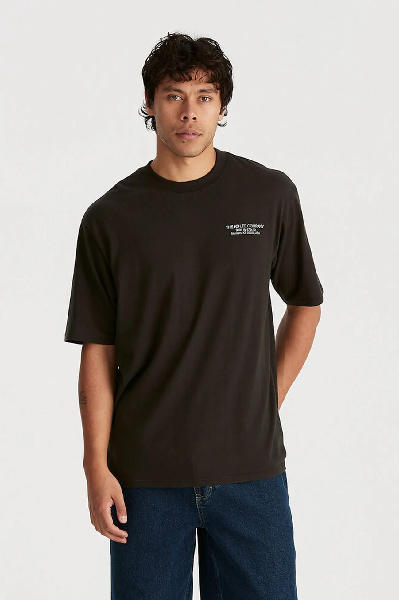 Work Clothes Baggy Tee Worn Black DoubleNeedle Stitching Ribbed Neckline