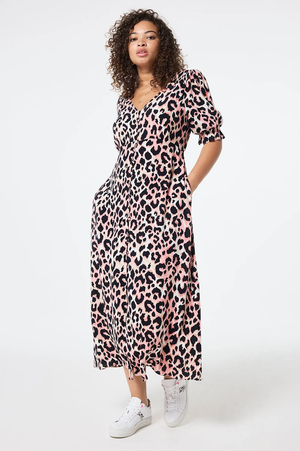 Mixed Neutral with Black Shadow Leopard Flute Sleeve Midi Tea Dress Body Ease Modern Staple