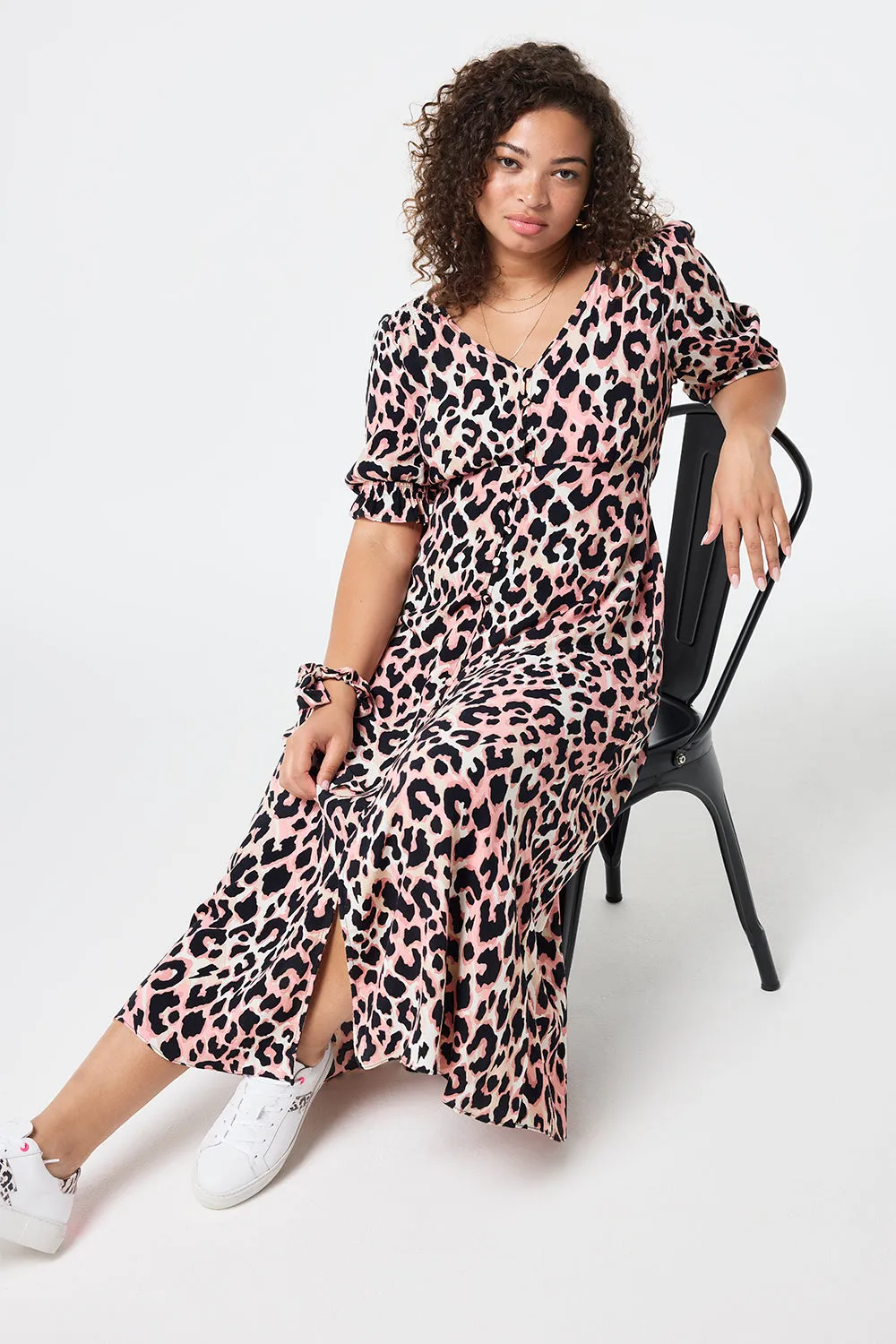 Mixed Neutral with Black Shadow Leopard Flute Sleeve Midi Tea Dress Soft Colorway
