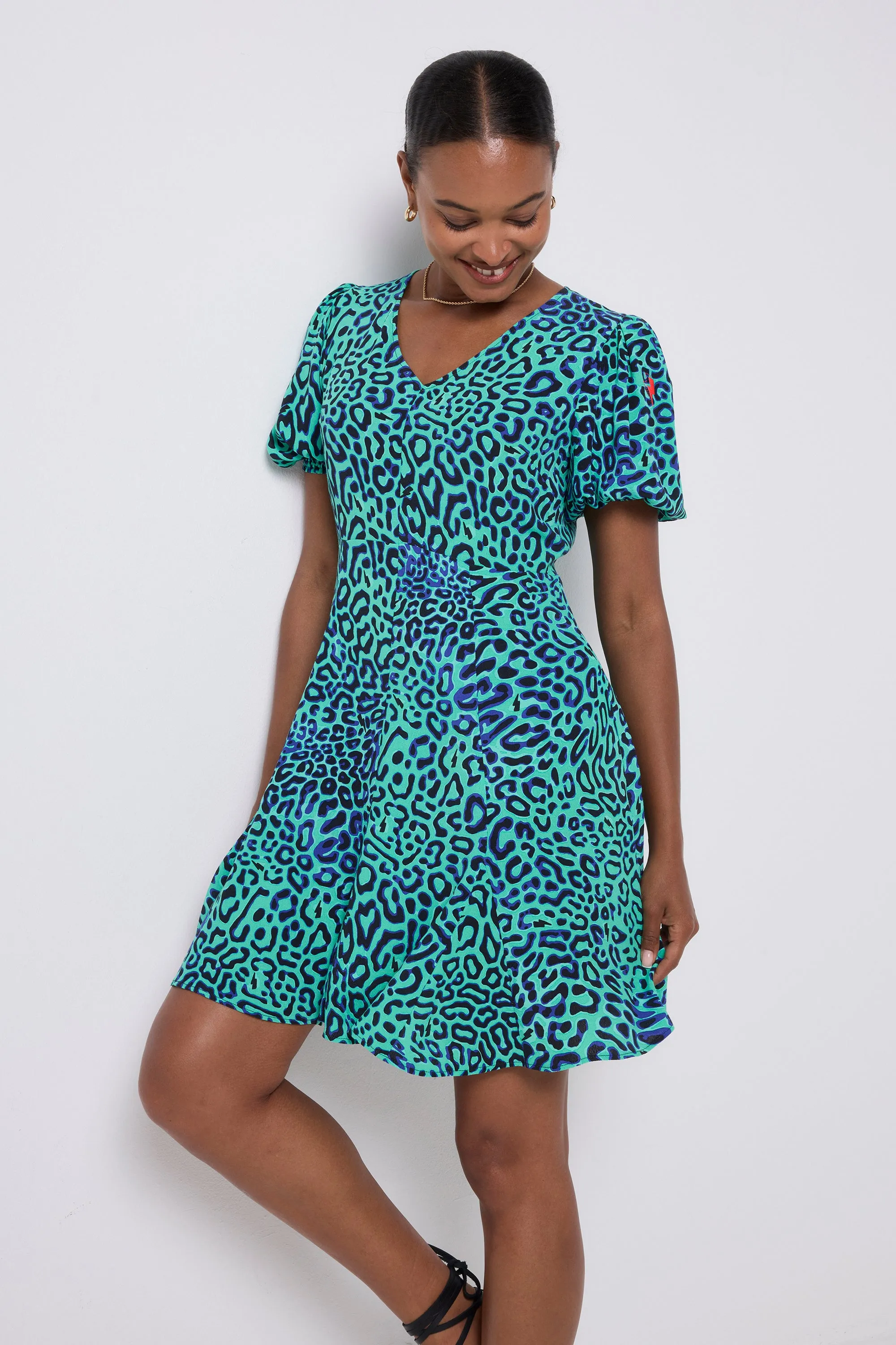 Green with Black Leopard Ray Short Skater Tea Dress Light Aesthetic Sunset Glow