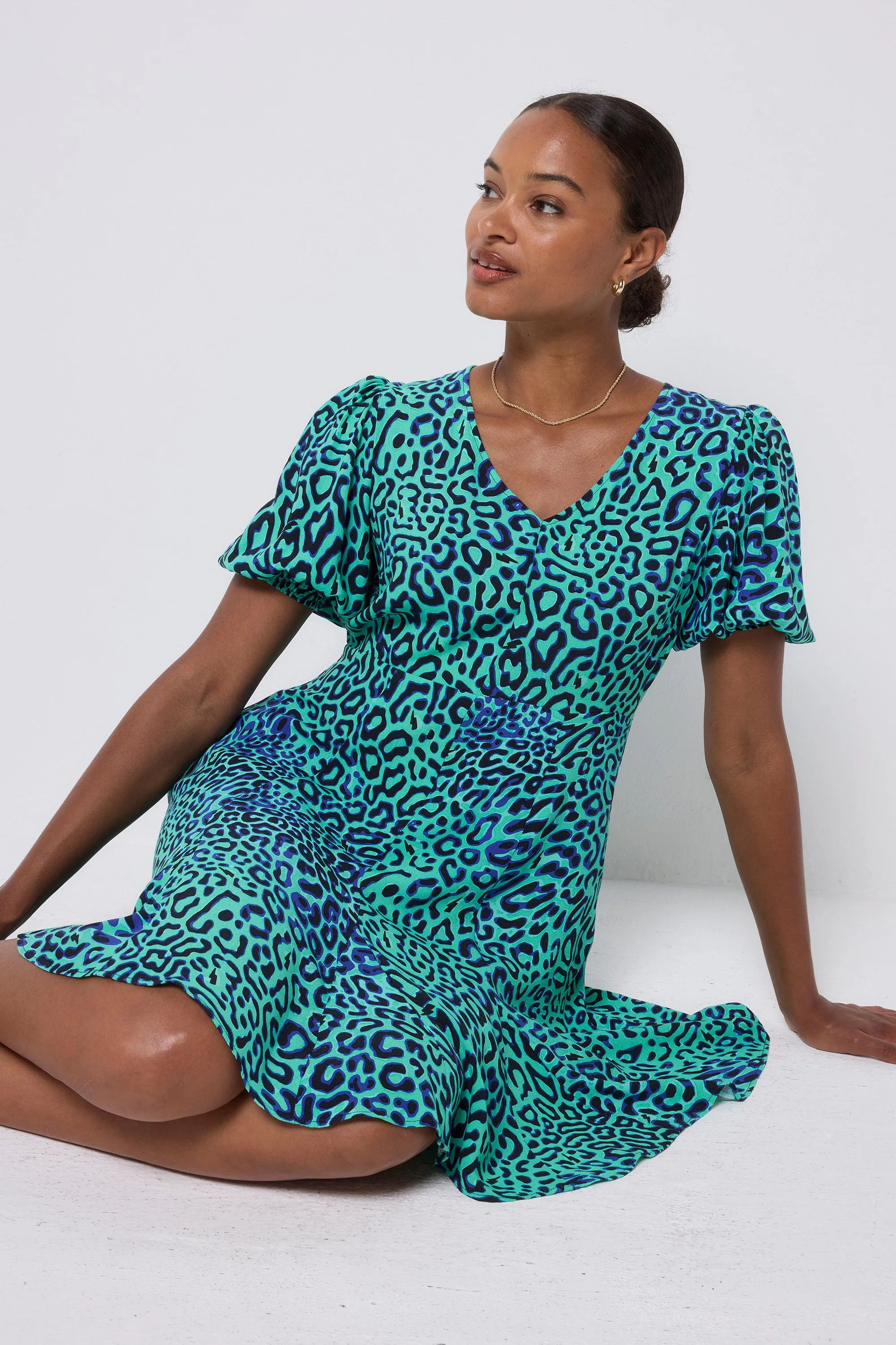 Green with Black Leopard Ray Short Skater Tea Dress Semi Sheer