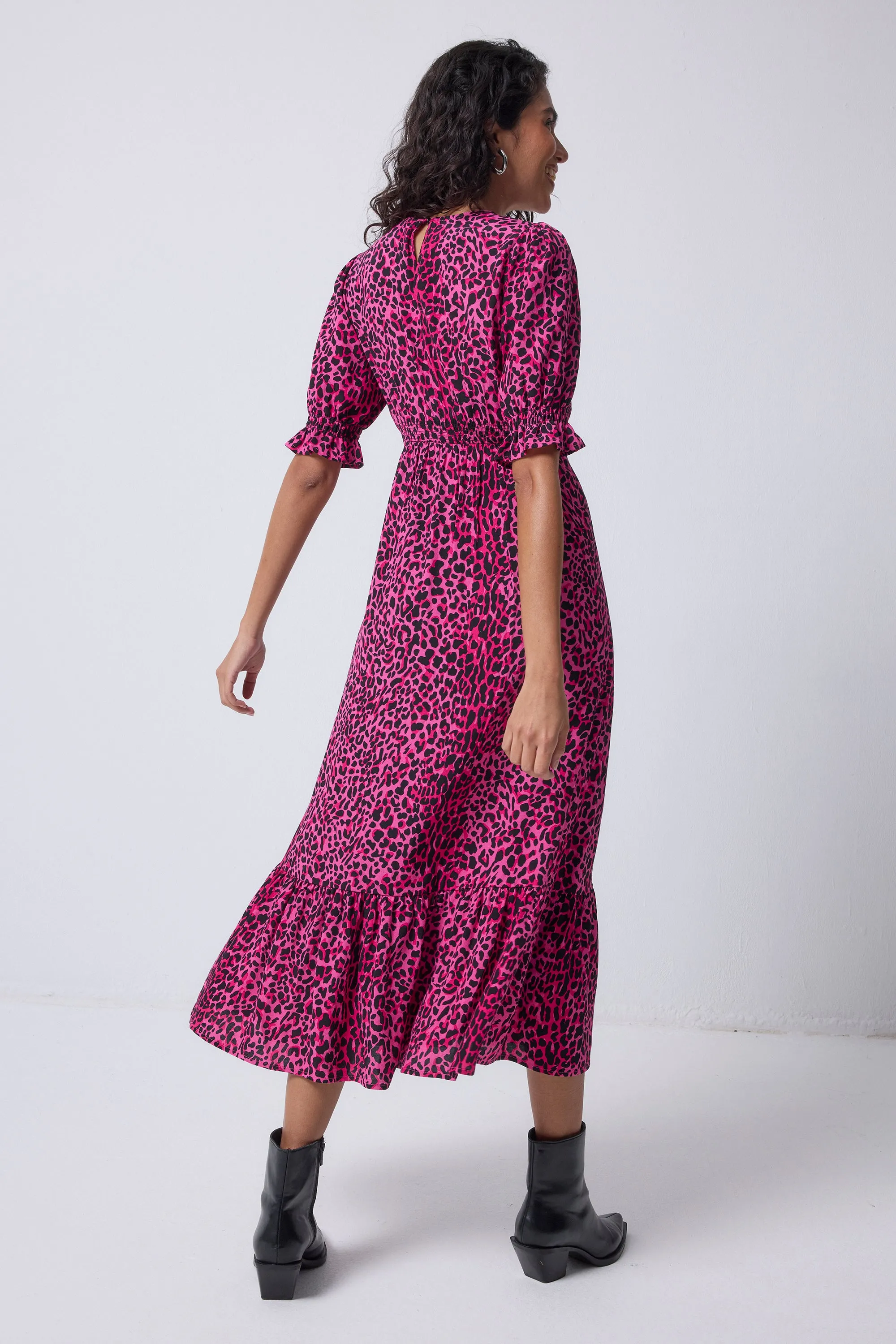 Pink with Black Leopard Flute Sleeve Midi Dress Trend Glow