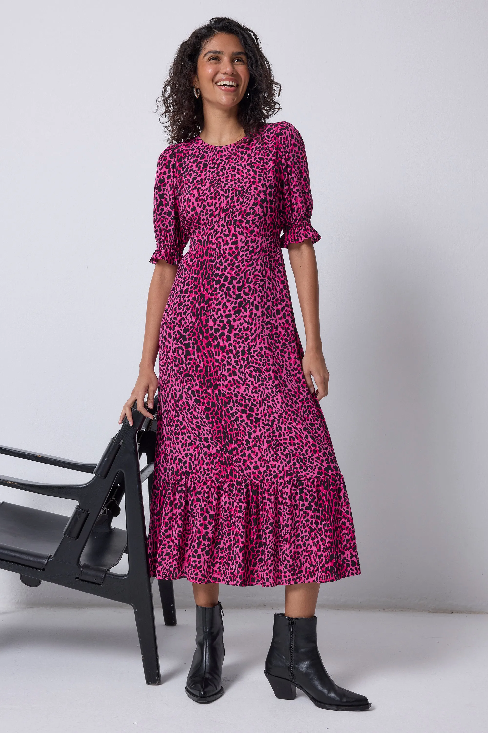 Pink with Black Leopard Flute Sleeve Midi Dress french chic Family Glow