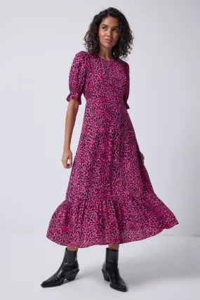 Pink with Black Leopard Flute Sleeve Midi Dress Night Charm Basic Fashion