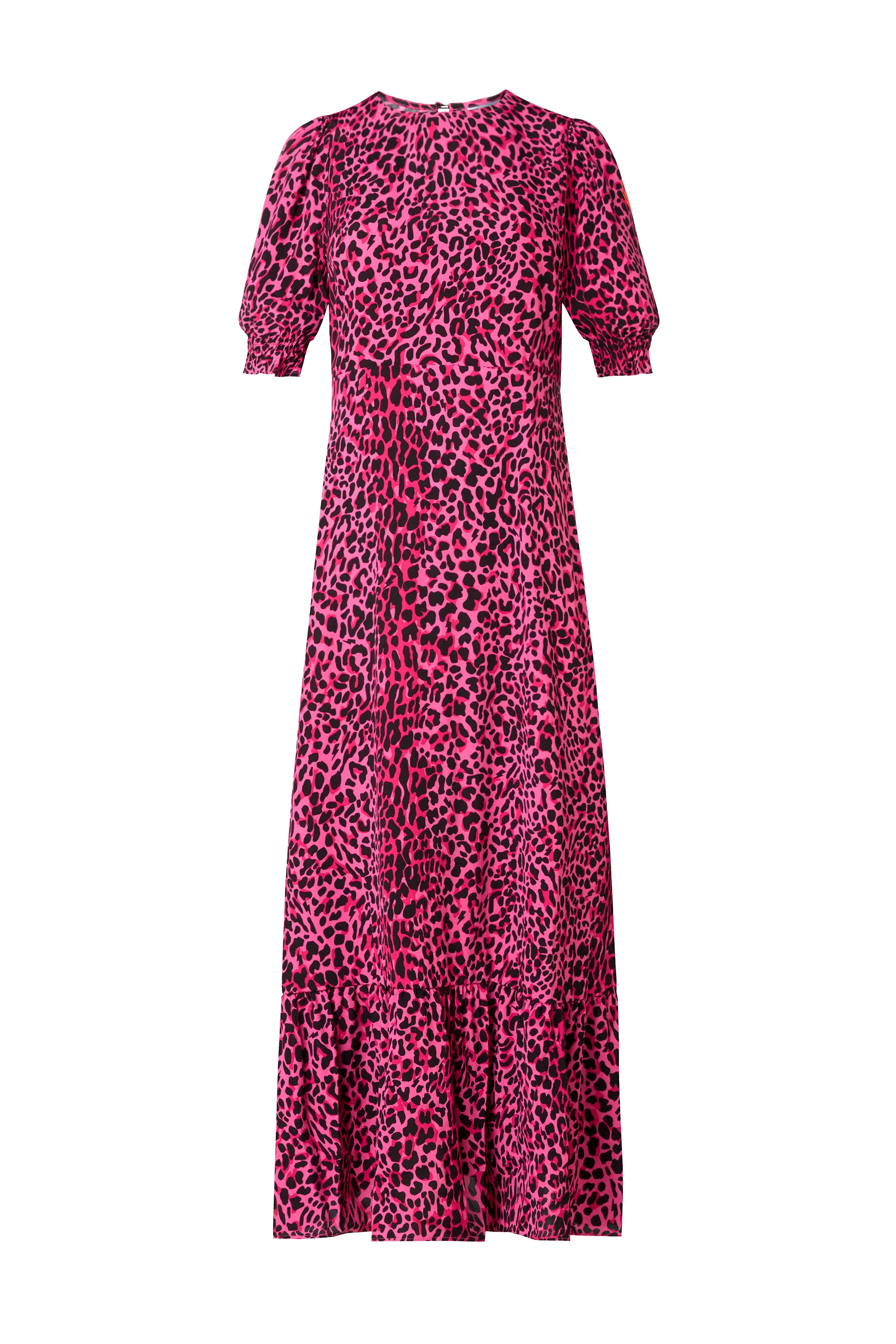 Pink with Black Leopard Flute Sleeve Midi Dress Timeless Layer
