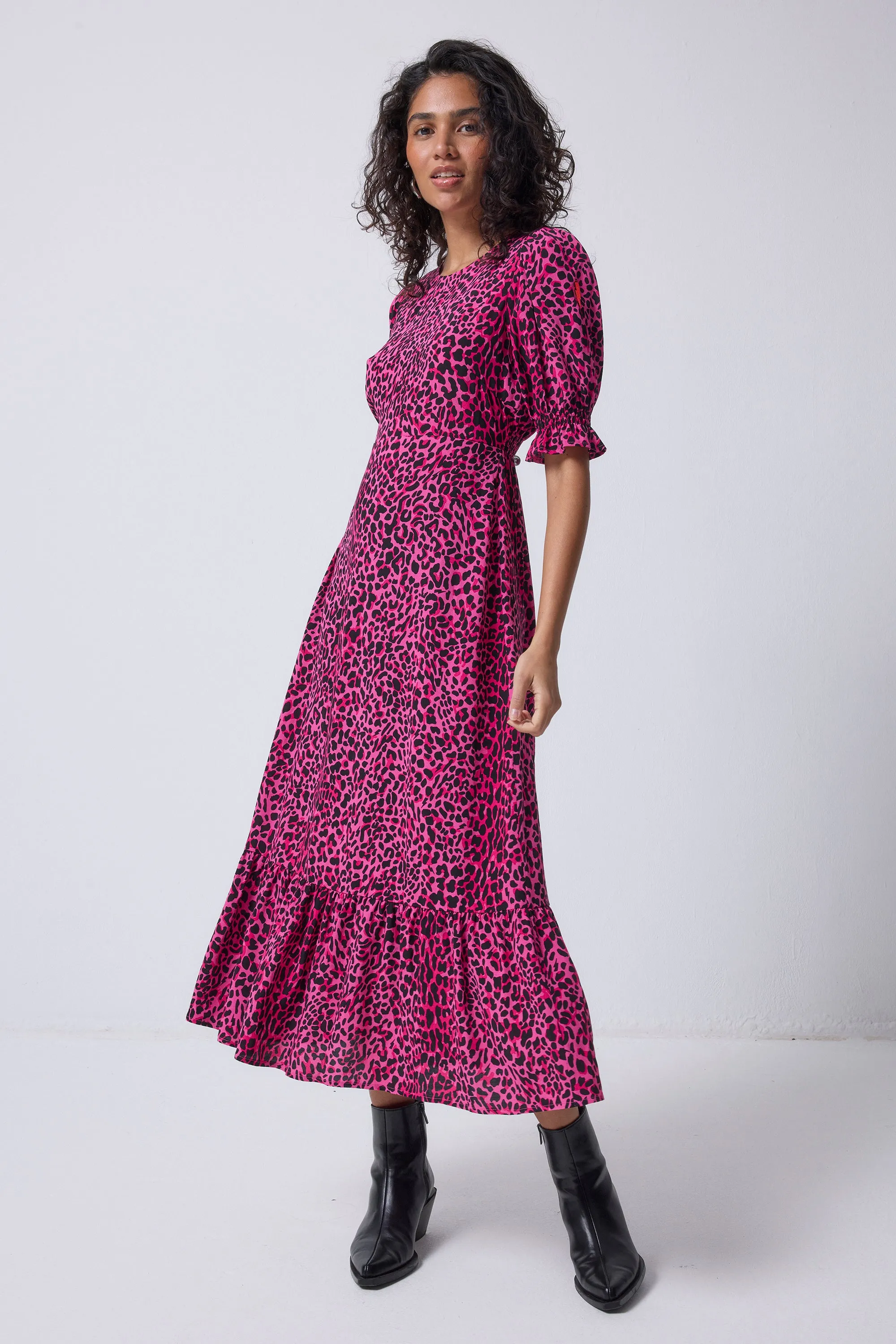 Pink with Black Leopard Flute Sleeve Midi Dress Chilly Weather Comfort