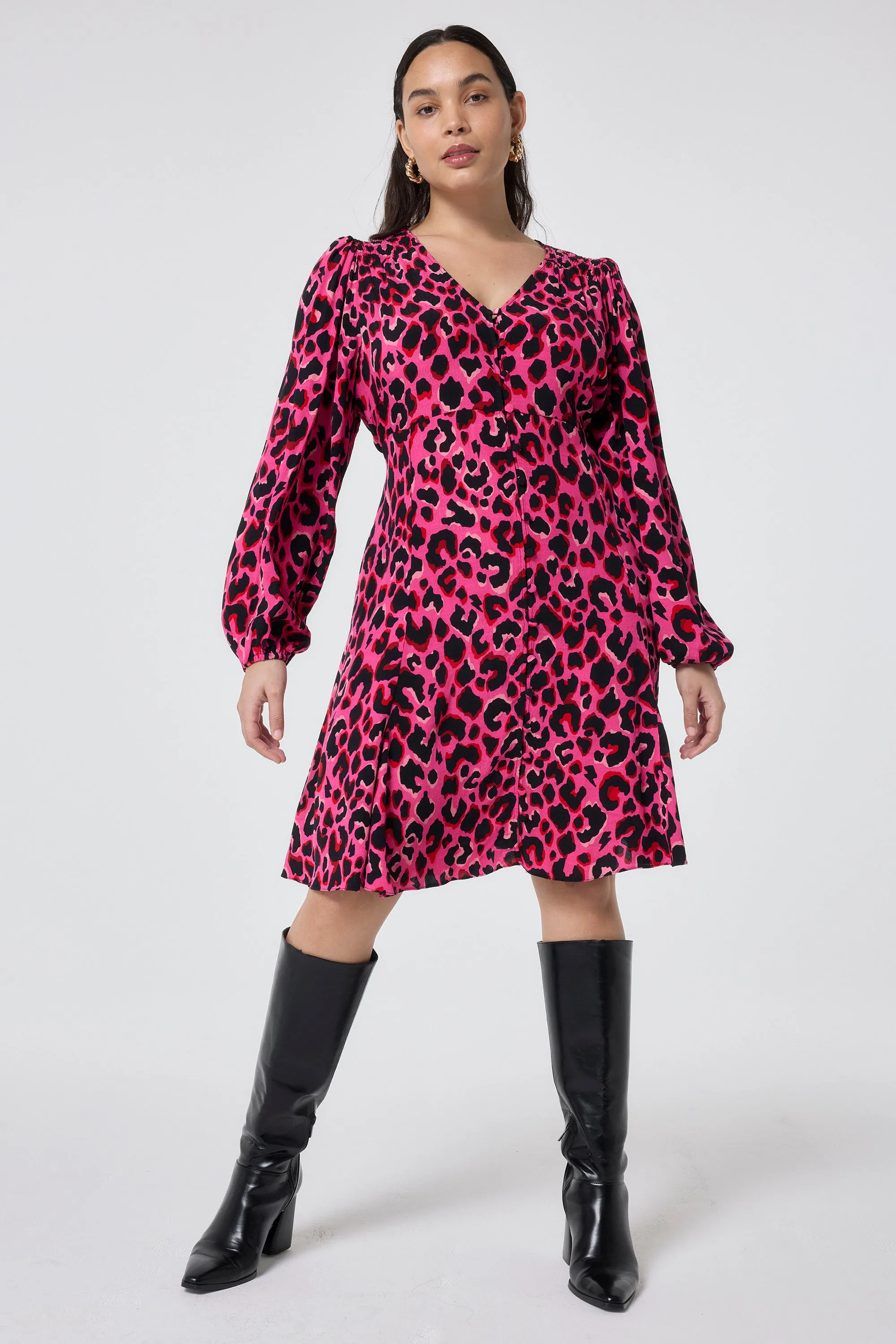 Pink with Red and Black Pop Leopard Blouson Sleeve Godet Short Dress Chic Energy Sculpted Detail