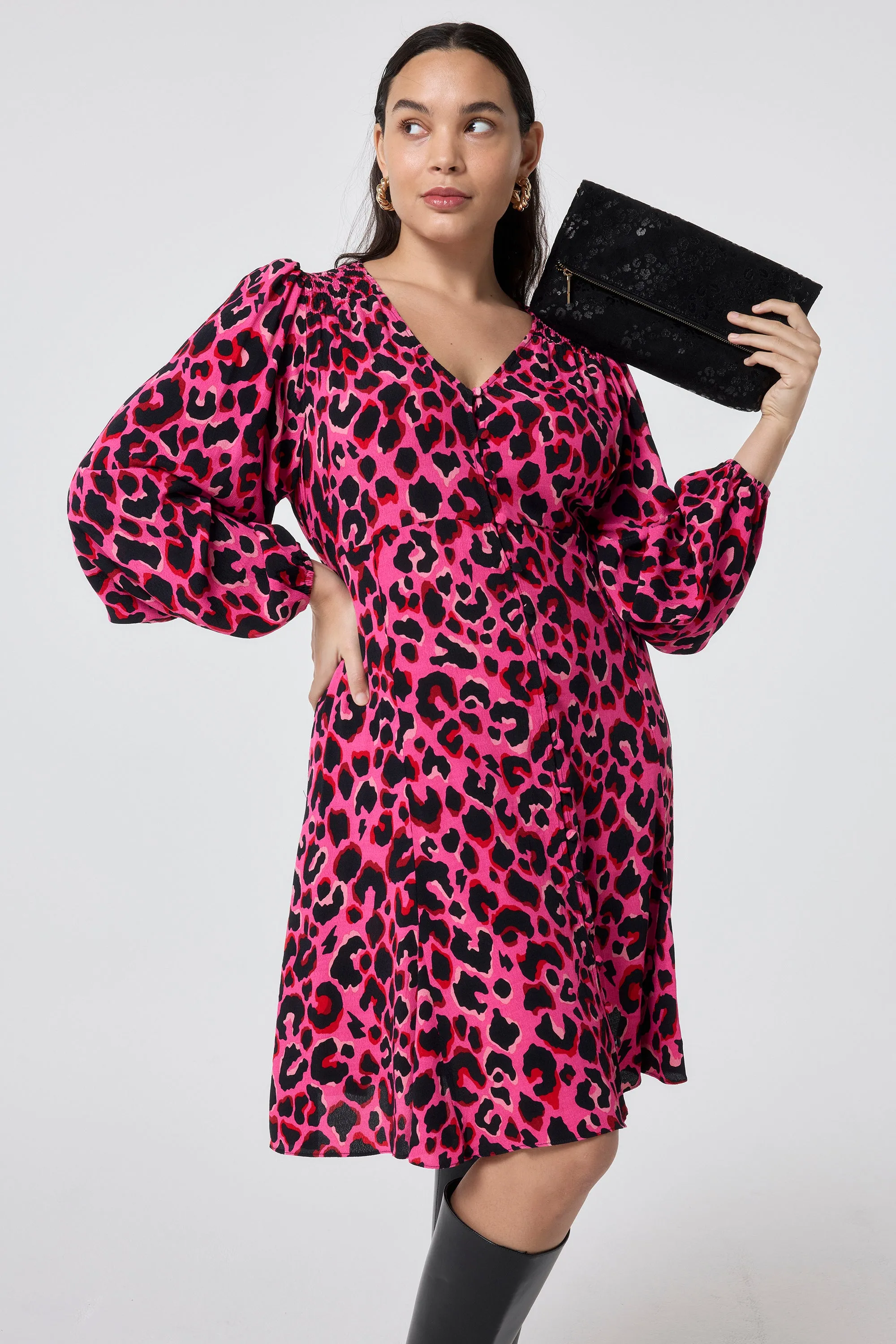 Pink with Red and Black Pop Leopard Blouson Sleeve Godet Short Dress Moment Glow