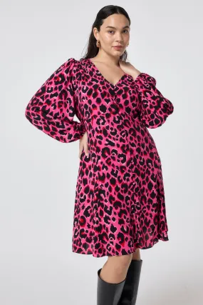 Breathable Style Solid-color Pink with Red and Black Pop Leopard Blouson Sleeve Godet Short Dress