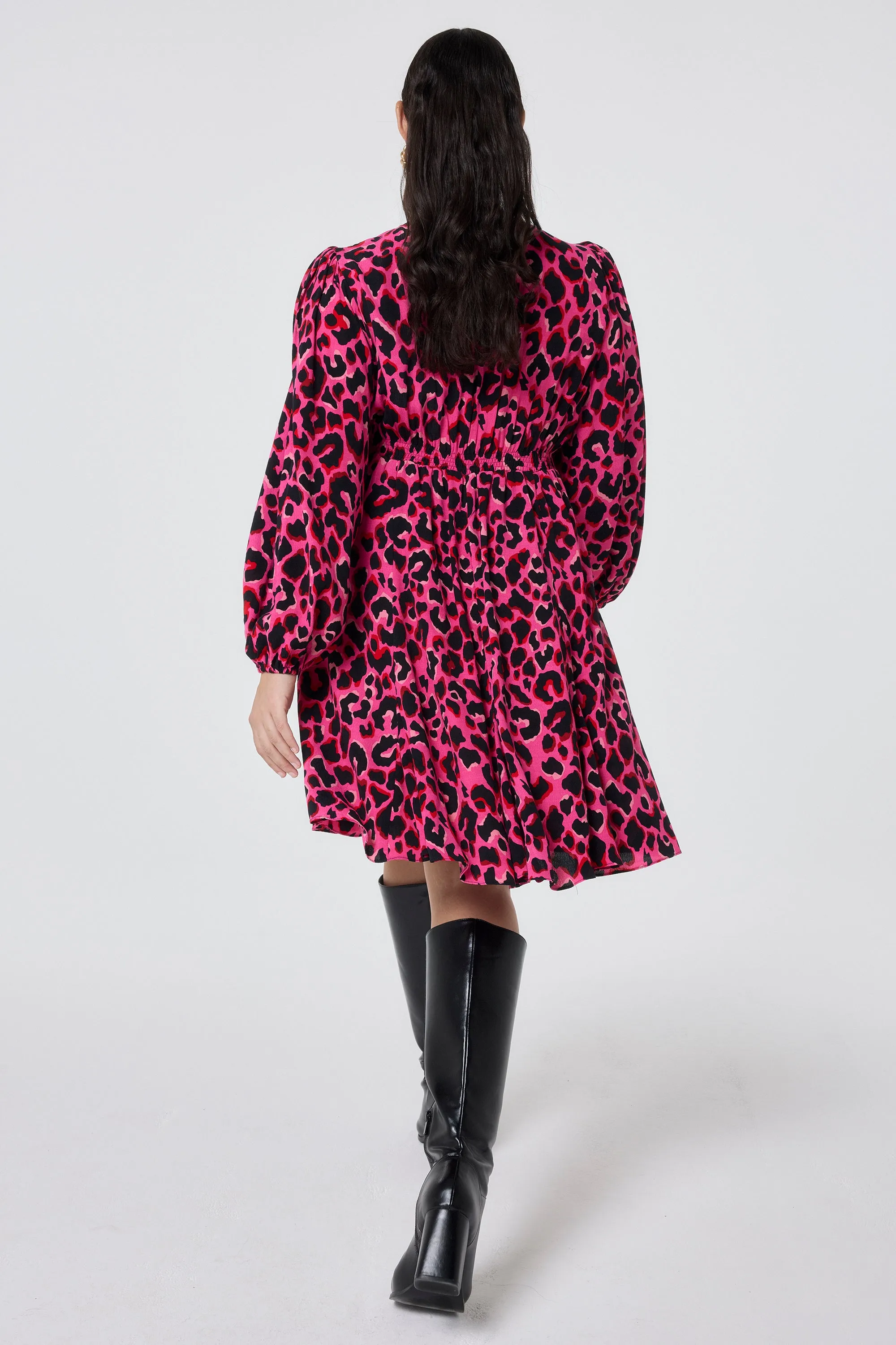 ReinforcedHem Pink with Red and Black Pop Leopard Blouson Sleeve Godet Short Dress
