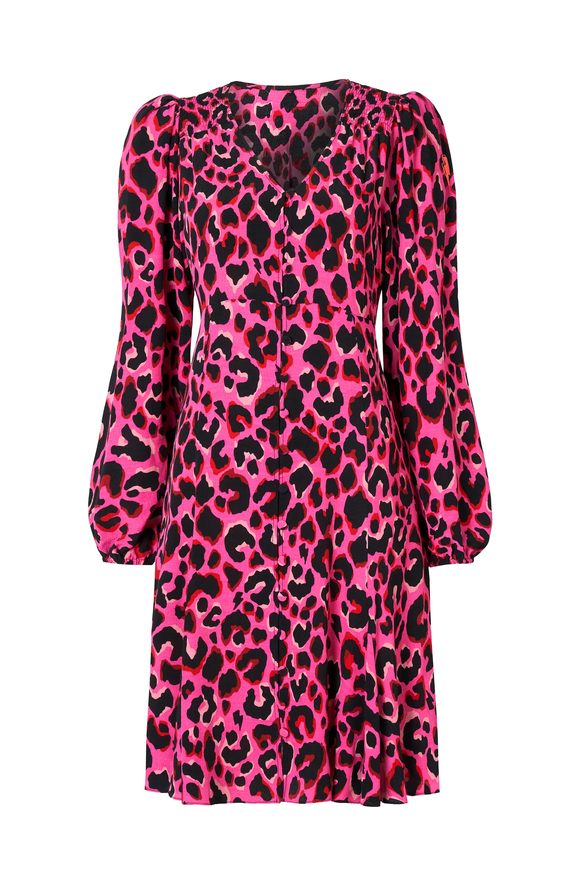 Pink with Red and Black Pop Leopard Blouson Sleeve Godet Short Dress Work Ease Relaxed Line