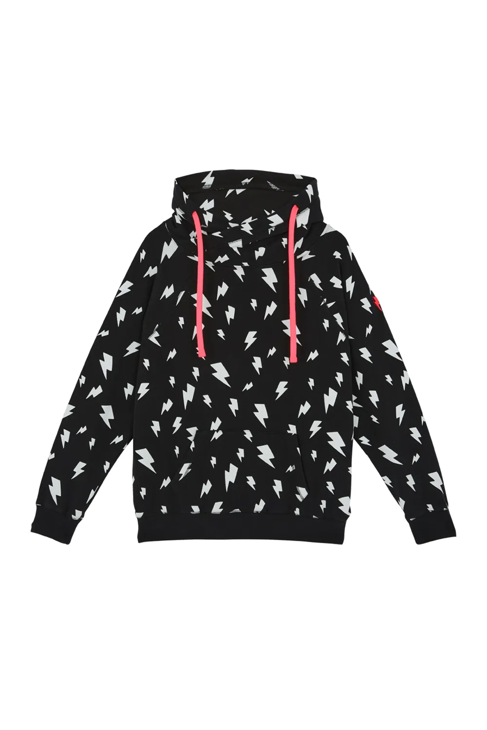 High Collar Coverage Double Welded Pockets Black with White Lightning Bolt Cowl Neck Hoodie