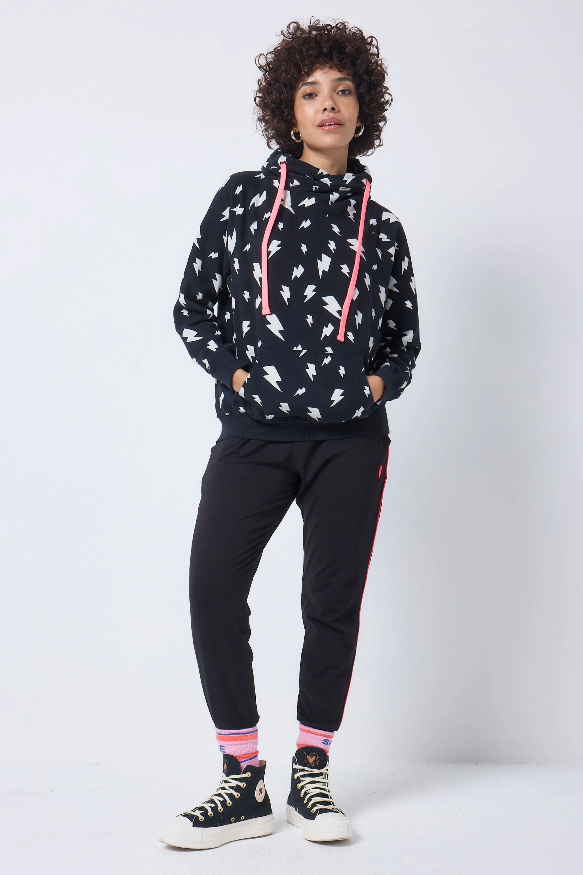 Black with White Lightning Bolt Cowl Neck Hoodie All Day Comfort Street Fit