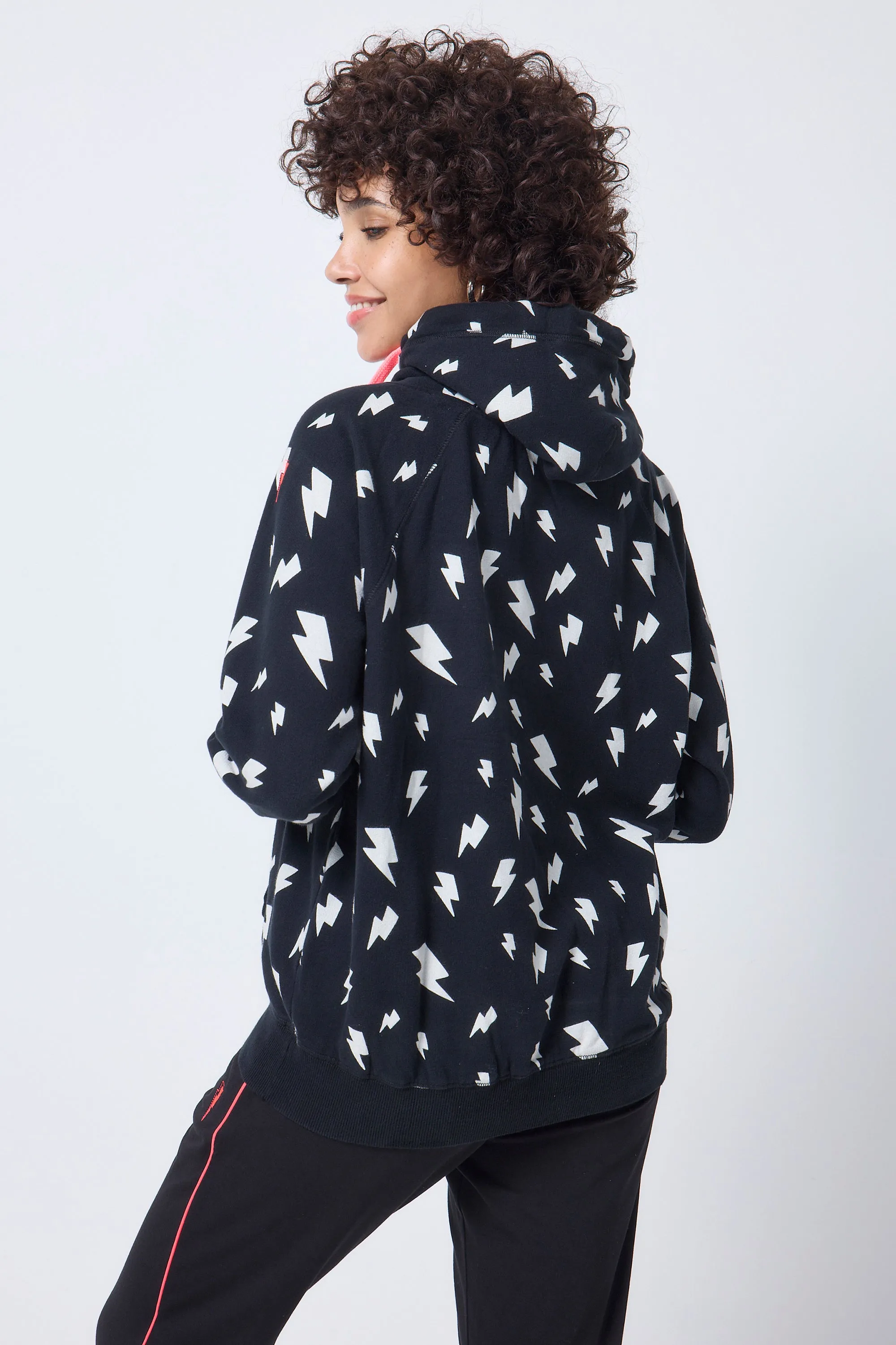 Black with White Lightning Bolt Cowl Neck Hoodie Casual Performance Fit