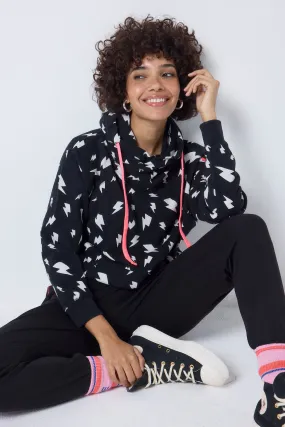 Black with White Lightning Bolt Cowl Neck Hoodie Summer Vacation Light Flex Fit