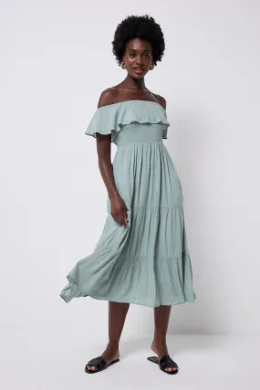 Khaki with Silver and Gold Lurex Bardot Midi Dress Regular-fit Luxe Touch