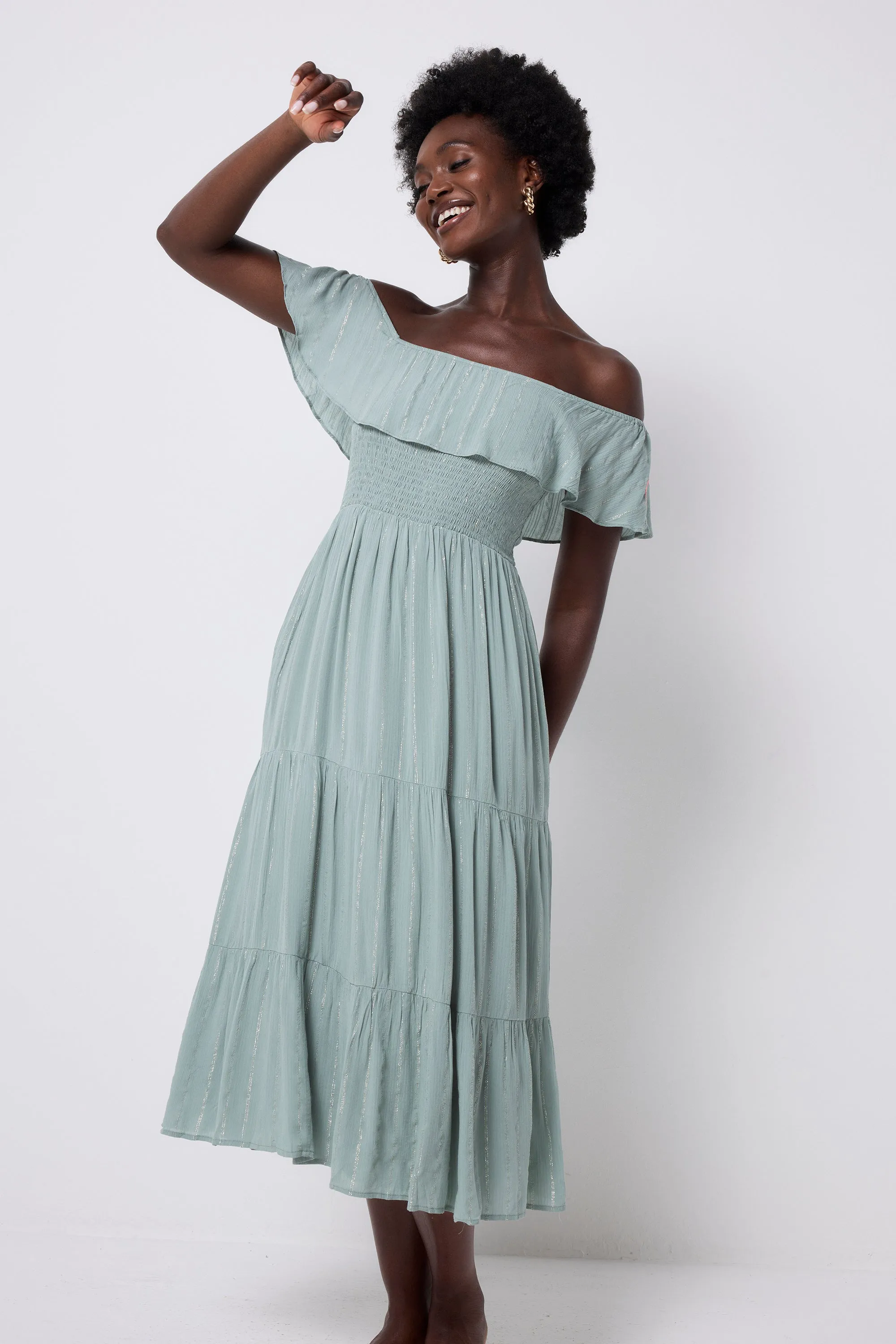 Khaki with Silver and Gold Lurex Bardot Midi Dress Romantic Hour