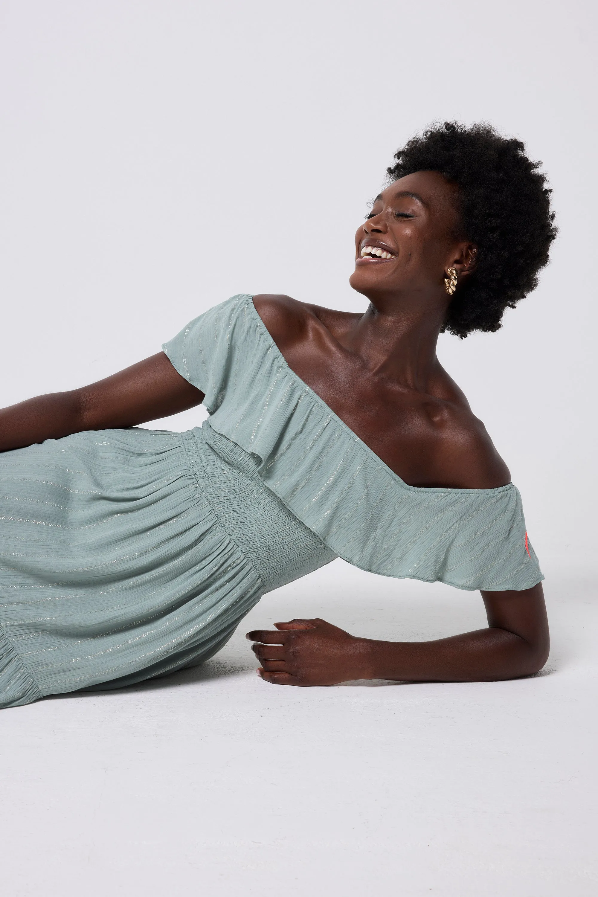 Khaki with Silver and Gold Lurex Bardot Midi Dress Holiday-Party