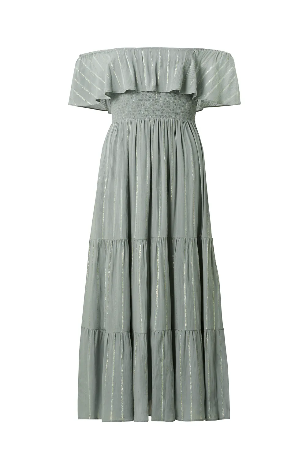 Button Accent Khaki with Silver and Gold Lurex Bardot Midi Dress