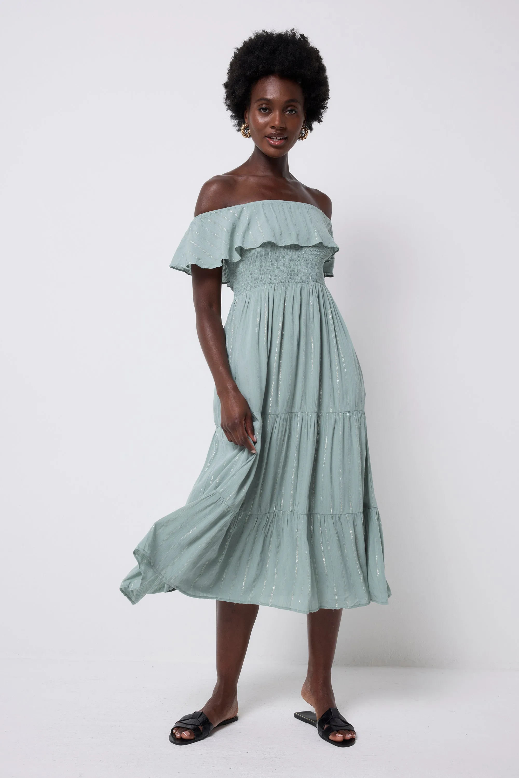 Khaki with Silver and Gold Lurex Bardot Midi Dress Regular-fit Luxe Touch