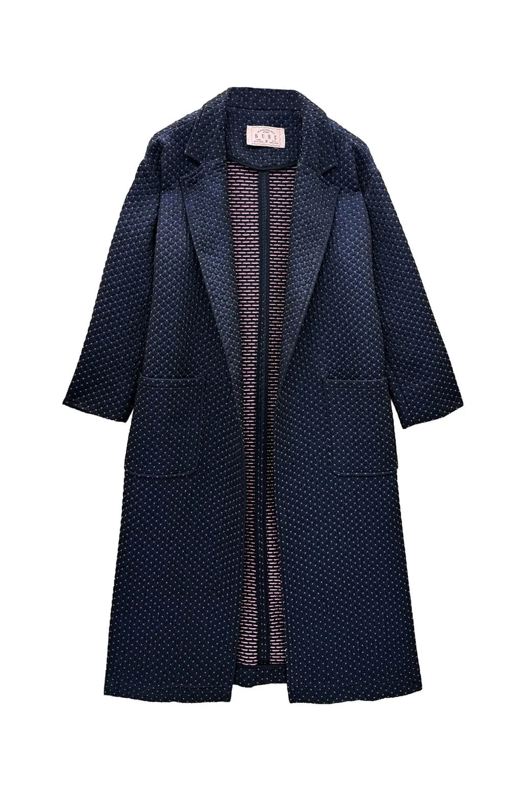Double Stitched Seams Long Sleeve Open Car Coat - Navy Quilted