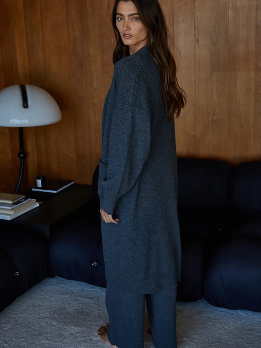 HypoallergenicMaterial KNIT RIBBED OPEN FRONT LONT SLEEVE DUSTER SWEATER - CHARCOAL
