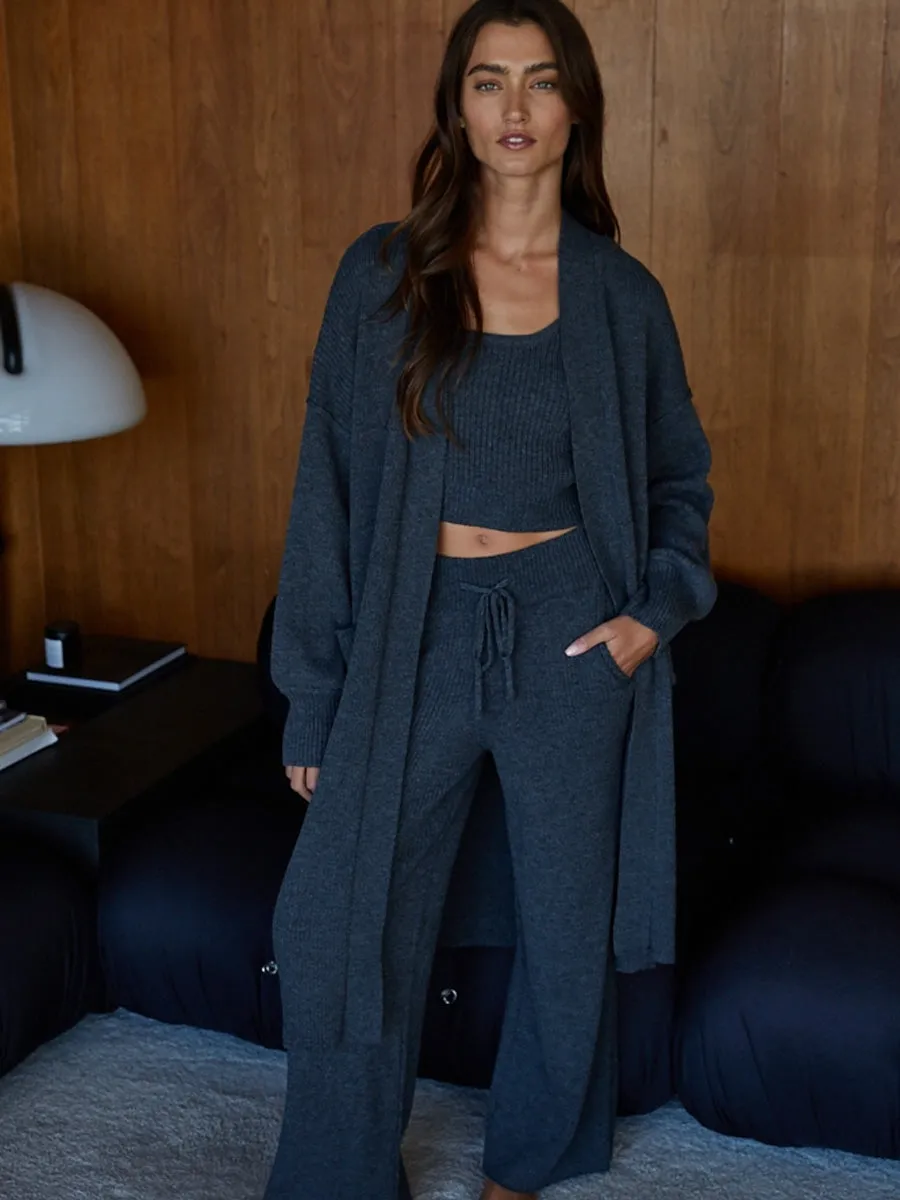 SelfFabric Binding KNIT RIBBED OPEN FRONT LONT SLEEVE DUSTER SWEATER - CHARCOAL