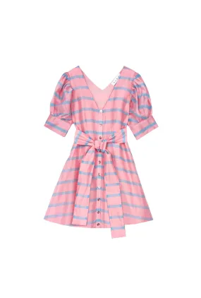 Trendy midi dress Deep V Puff Sleeve Day Gown - Mini - Blue Stripe