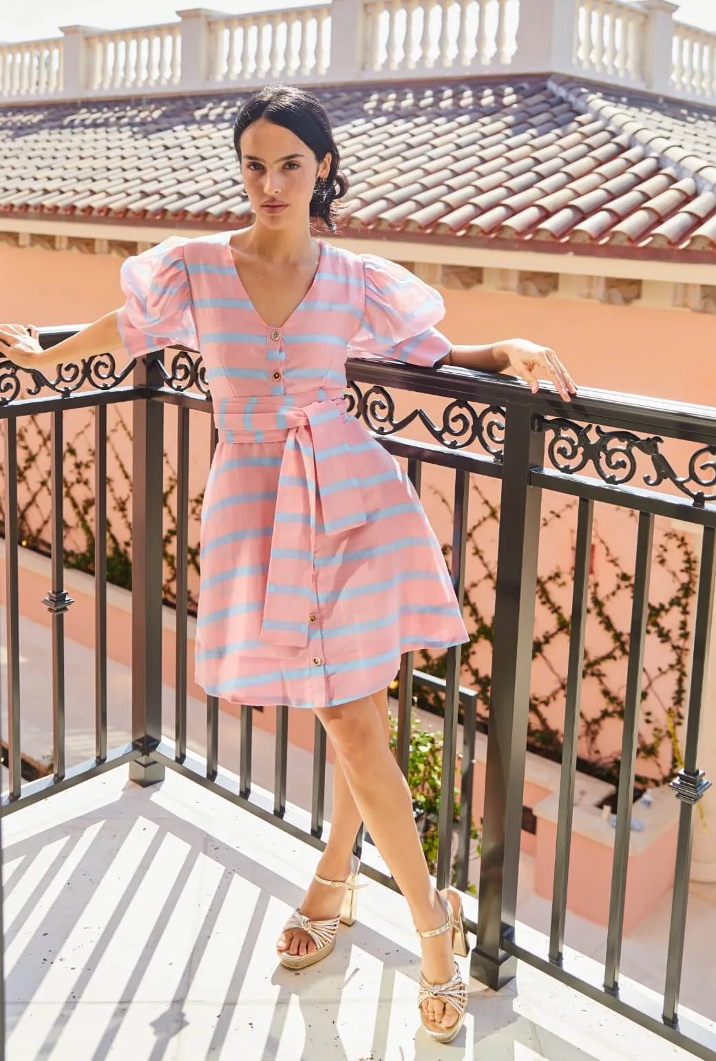 Deep V Puff Sleeve Day Gown - Mini - Blue Stripe Minimal Details AntiPillTreatment