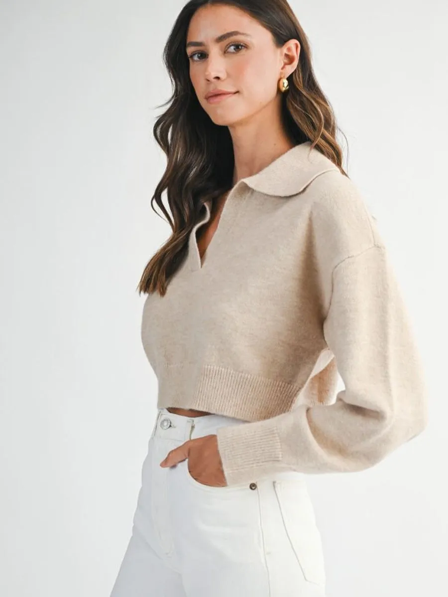 VentilatedMesh CROPPED COLLARED KNIT SWEATER - LIGHT TAUPE