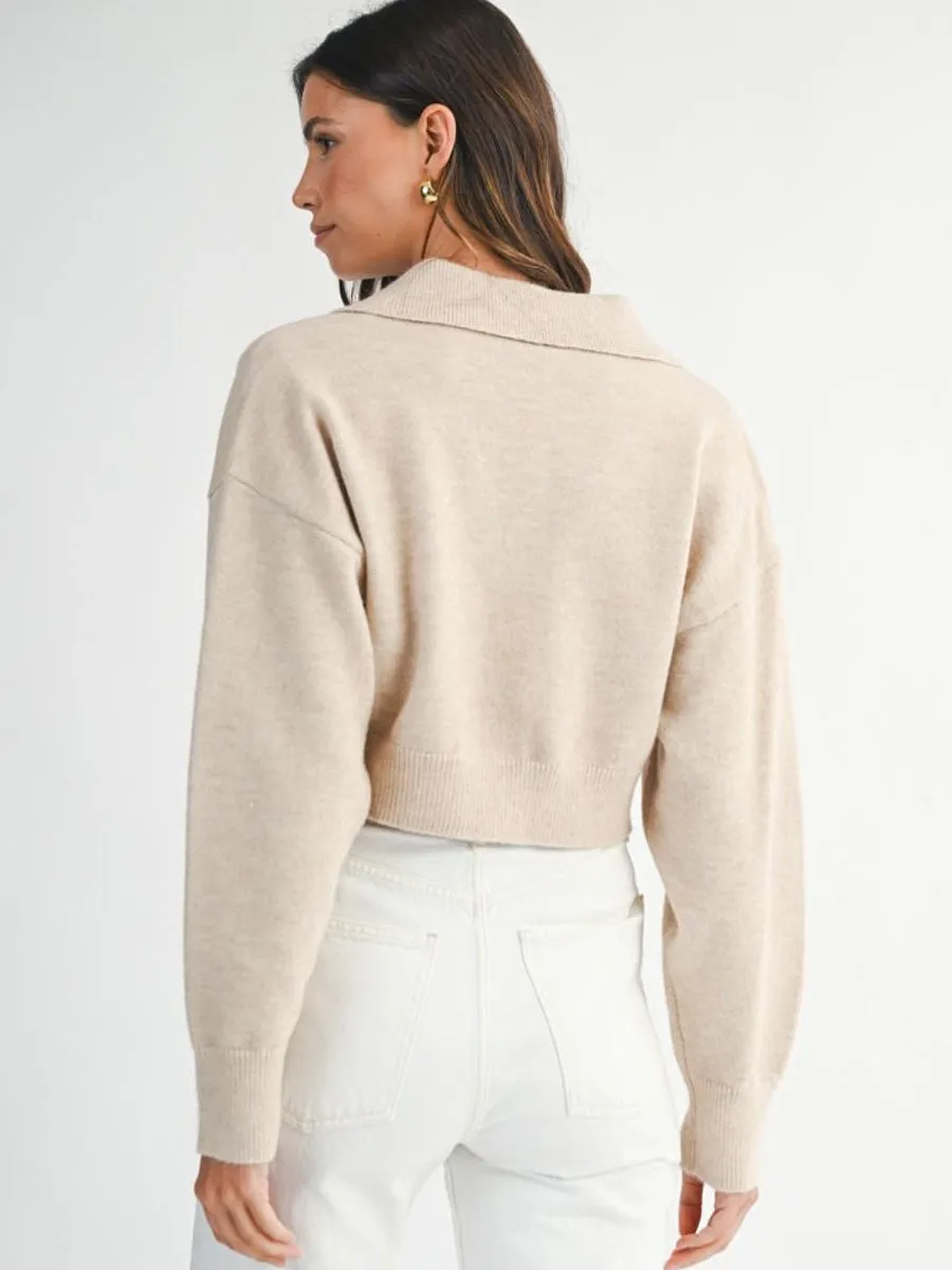 CROPPED COLLARED KNIT SWEATER - LIGHT TAUPE Layered Collar System Chic Sweater