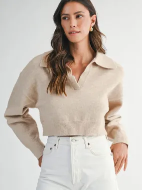 Layered Collar CROPPED COLLARED KNIT SWEATER - LIGHT TAUPE