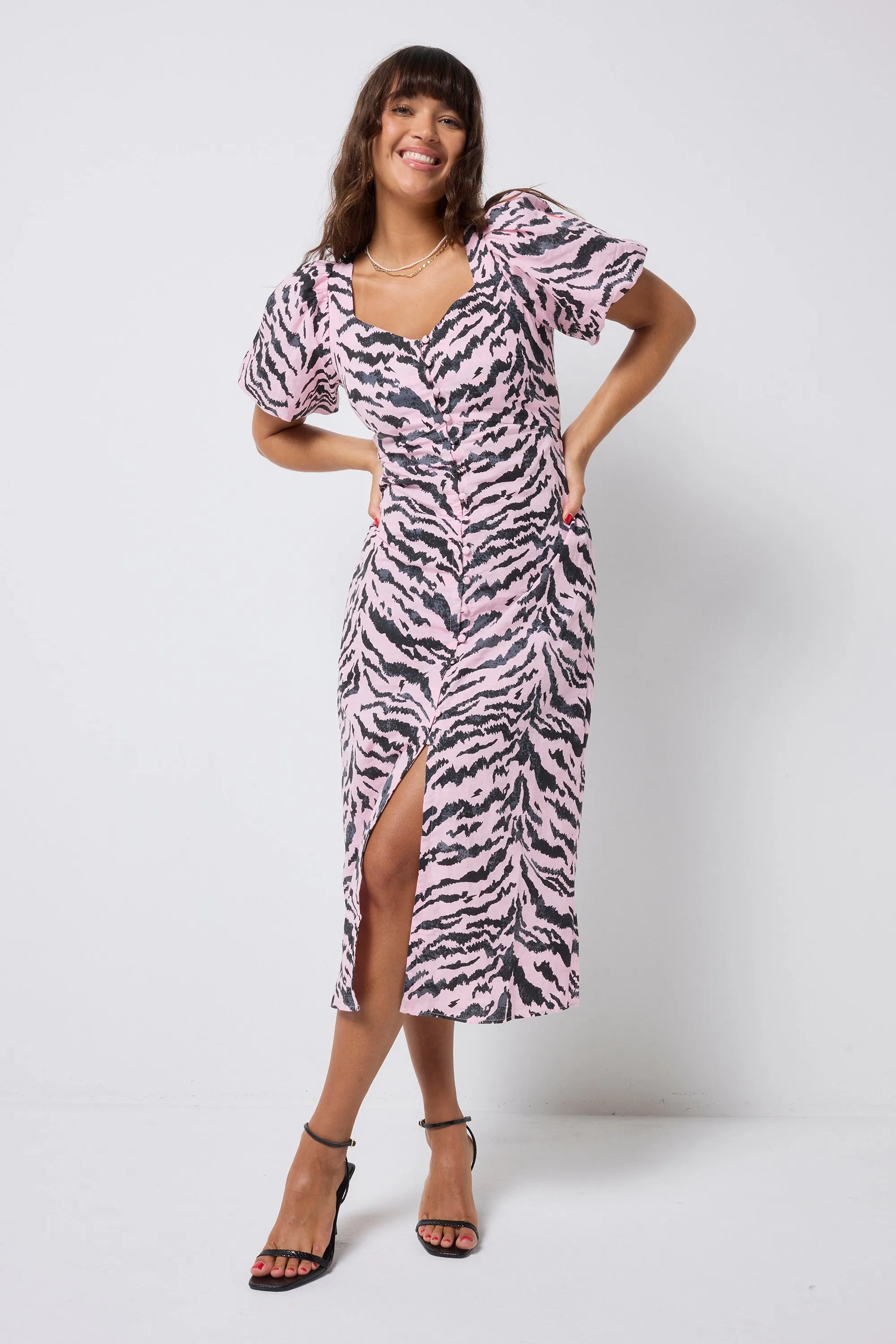 Basic Mood Pale Pink with Grey Texture Tiger Puff Sleeve Midi Tea Dress